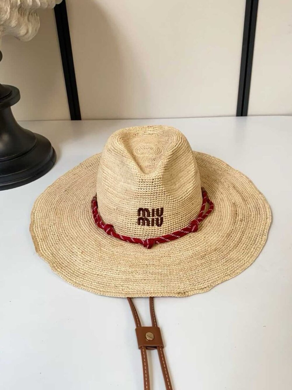 Miu Miu Raffia Wide Brim Cowboy Hat, Red Braided Strap Windproof Straw Sun Hat - Picture 1 of 9